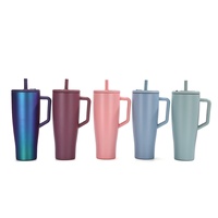 Gobelet isotherme transfrontalier de 40 oz à grande capacité avec poignée, en acier inoxydable 304, pour voiture, avec paille colorée, 6-12h