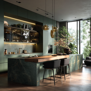 Gabinetes de Cocina Modernos de Lujo Verde Oscuro VSME con Isla de Mármol, Barra de Madera y Juego de Gabinetes Modulares - Product Image 1