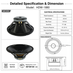 HDW-1880 Altavoz Subwoofer de Ferrita de 18 Pulgadas, 800 W RMS, 1600 W Pico, 8 Ohmios, Bobina de Voz de 4 Pulgadas para Sistemas de Sonido PA en Vivo - Product Image 4