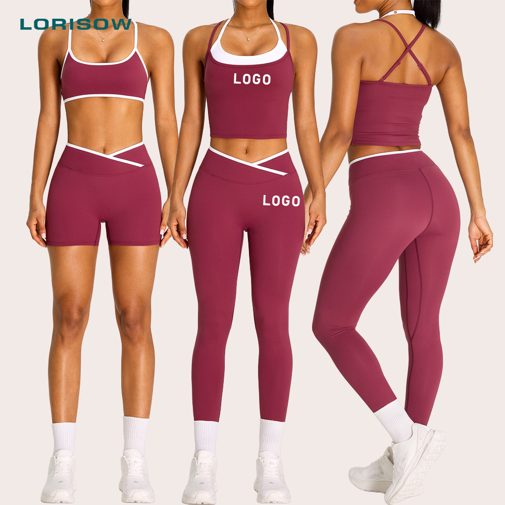 LORISOW Women's Sports Top Leggings Gym Clothes Fitness Workout Set Breathable Solid Backless Cross High Waist Yoga Shorts Set