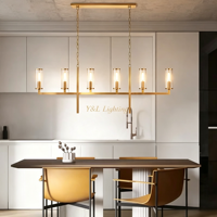 Suspension linéaire pour îlot de cuisine, cadre en laiton antique, abat-jour en verre cylindrique transparent, 6 lumières, lampe suspendue à bougies, éclairage LED