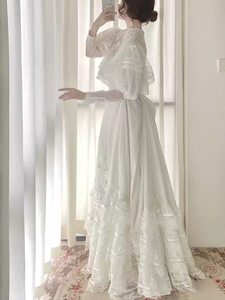 Awei Vintage [Snow White Mousse] Abito da sposa a sirena con maniche a sbuffo in pizzo e strascico lungo fino al pavimento (100% cotone) - Product Image 3