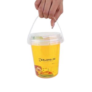 Disposable 16oz 24oz 32oz Fruit Tea <b>Plastic</b> PP Boba <b>Drinking</b> Fruit Tea Bucket <b>Cups</b> with Lids and Handle - Product Image 1