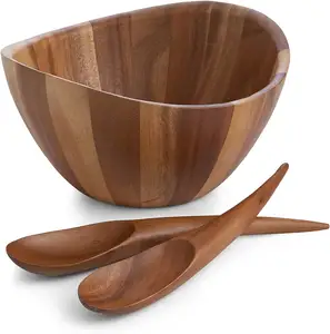 Tazón de madera para servir Ensaladera de madera con 2 cucharas Tazón de masa de madera