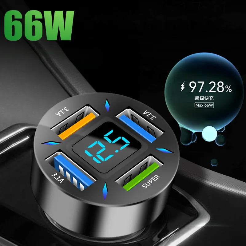 Car Battery Voltage Detection Digital Display Car Charger 4USB 4 Ports 66W Super Charge Fast Charging PD QC3.0 Car Phone Charger