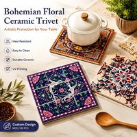 Sous-plat en céramique personnalisé 20x20cm, épaisseur 8mm, résistant à la chaleur, antidérapant, écologique, motif carreaux floraux bohèmes, protection UV pour la maison