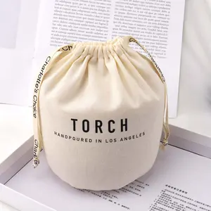 Custom Round Bottom Cotton Linen Gift Packaging Bag For Candle Drawstring Natural Cotton Candle Pouch