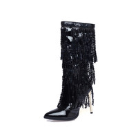 Bottes d'hiver personnalisées OEM ODM à talon aiguille et bout pointu avec pompons, pour femmes, en sequins holographiques et strass, idéales pour les fêtes et banquets