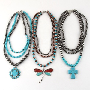 ファッション女性ジュエリー3層ブラックレッドナバホパールターコイズビーズリンク合金トンボターコイズクロスペンダントネックレス - Product Image 4
