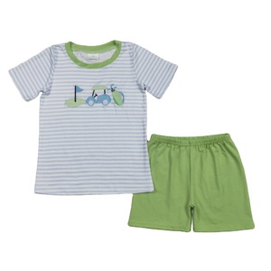 ชุดกอล์ฟแขนสั้นลายทางสีน้ำเงินสำหรับเด็กเล็กเสื้อผ้าฤดูร้อนปักลายทางสำหรับเด็กชายวัยหัดเดิน - Product Image 1