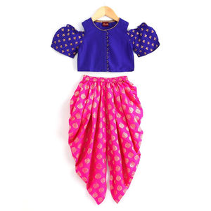 Ensemble de tenue de fête traditionnelle pour filles, haut à épaules dénudées avec pantalon dhoti imprimé, bleu rose, pour enfants - Product Image 1