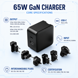 Caricabatterie GaN Premium Universale con Spina Intercambiabile PD 3.0 PPS 65W a Doppia Porta per Ricarica Rapida con Cavo Retrattile per MacBook e Laptop - Product Image 1