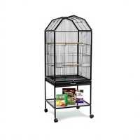 Cage à oiseaux sur roulettes avec étagère de rangement, maison pour perroquets en métal équipée de mangeoires et de perchoirs en bois