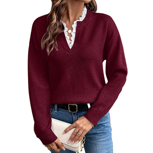 Pull en maille pour femme, style automne-hiver 2026, nouveau style, dentelle, col en V, couleur unie, ample, manches longues - Product Image 4