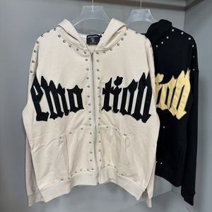 Chaqueta con cremallera de alta calidad, 100% algodón grueso, con estampado vintage de estilo urbano 'Mixed Emotions' y rotos, para hombre, tipo sudadera con capucha. - Product Image 1