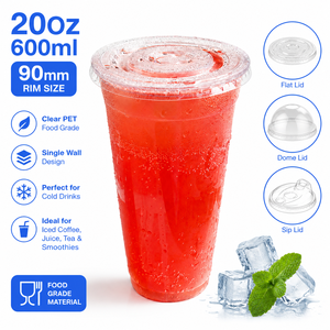 แก้วพลาสติก PET ใส ขนาด 20 ออนซ์ 90 มม. สำหรับเครื่องดื่มชาไข่มุกแบบใช้แล้วทิ้ง พร้อมฝาโดมแบบแบน พิมพ์โลโก้ได้ สำหรับเครื่องดื่มเย็น - Product Image 1