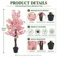 Pohon Bunga Sakura Buatan Tiang Kayu Asli Bunga Sutra 120CM Tahan UV Tahan Api Desain Lanskap Kustom Grosir