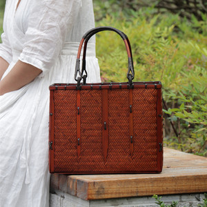 Handmade Bamboo Woven Tote Bag Vintage Chinese Style Solid Color Craft Basket For Tea Ceremony Storage - Product Image 1