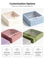 Boîte cadeau rigide avec fenêtre carrée à fermeture magnétique, fenêtre visuelle en PVC recyclable, décoration avec nœud, personnalisation de l'impression du logo