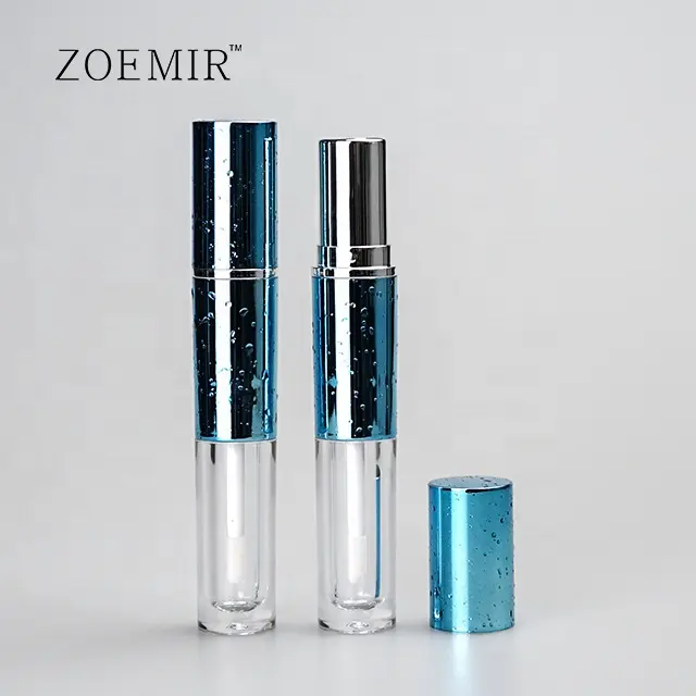 Brillo de labios de doble pared, envase de tubo de lápiz labial largo, diamantes de imitación de metal azul, brillo de labios de doble extremo y tubos de lápiz labial
