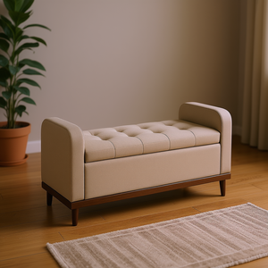 Panca imbottita moderna in stile Mid-Century con seduta trapuntata e finitura in legno massello di noce per arredamento soggiorno - Product Image 2