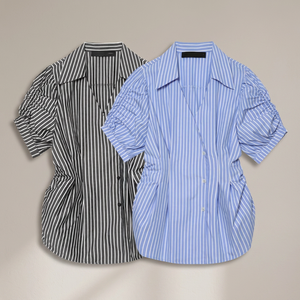 Camisa de Manga Corta a Rayas para Mujer, con Botones y Mangas Abullonadas, Corte Holgado, Informal, Blusa de Algodón Popelina para Primavera/Verano - Product Image 1
