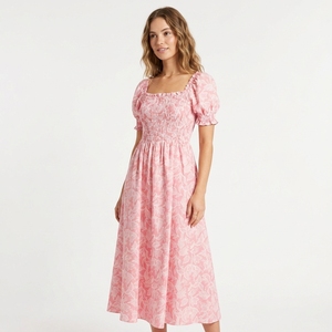 <span class=keywords><strong>Robe</strong></span> midi personnalisée pour <span class=keywords><strong>femme</strong></span>, rose poudré, à motifs floraux, col carré, manches courtes bouffantes à volants, corsage smocké et froncé, fabrication OEM - Product Image 3