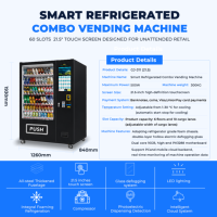 Distributeur automatique de boissons et de collations, machine de vente au détail alimentaire automatique, 21,5 pouces, 60 emplacements, distributeur automatique combiné réfrigéré