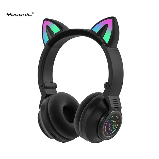YUSONIC  Cat Ear Headphones,LED Light up Bluetooths Wireless Foldable Headphones Over Ear Mic Cordless Headset for Girl Kids