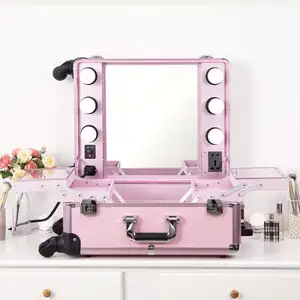 Professional Artist Makeup Case with Lights Aluminum Trolley Train Beauty Case with LED Mirror