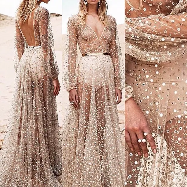 Hot Selling Women Clothes Long Sleeve Small Sequins Dress Mesh Flash Long Sexy Nightclub Beach Style Maxi Dress