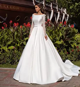 Wholesale Latest Cheap Long Sleeve Design White Trailing Sexy Dresses A Line Gowns Bridal Wedding Dresses