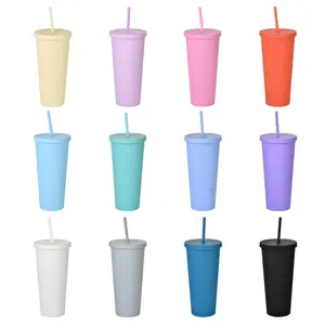 24oz sıska bardak çift duvar plastik bardak Pastel renkli akrilik kapaklı kupa ve payet mat plastik toplu su şişesi