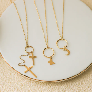 High Quality 18K <b>Gold</b> Plated 304 Stainless Steel Cross Moon Butterfly Pendant <b>Necklace</b> Waterproof Non Fading Simple Style - Product Image 4