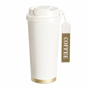 Mug de voyage minimaliste en acier inoxydable avec base dorée et étiquette pour café, design écologique - Product Image 1