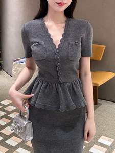 Vestido Midi Vintage para Mujer, Estilo Dos Piezas, Color Sólido, Formal, Verano, ODM, Corte Regular, Cuello en V, Manga Corta, Sexy, Transpirable, Control de Abdomen - Product Image 5