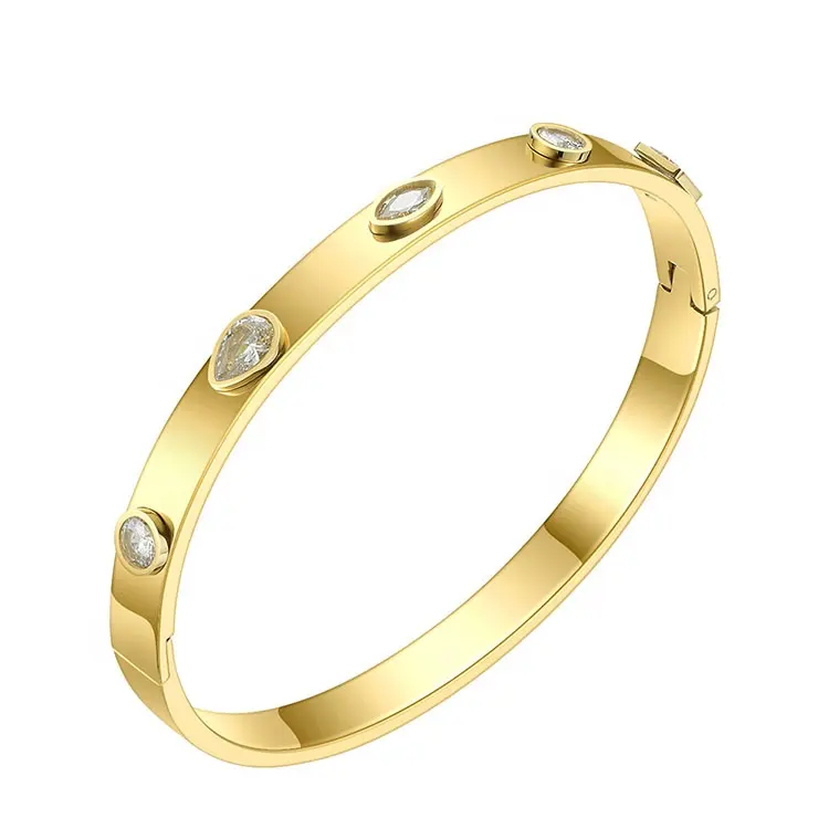 High Quality 18K Gold Plated Stainless Steel Jewelry Irregular Zircon Bangles Cuff Bracelet B202078