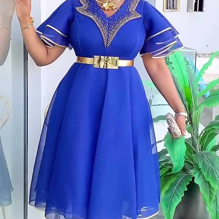 Royal Blue A-Line Midi Dress Gold Belt Beaded Embellishment Elegant Polyester Party Outfit Embroidery Summer Layered Flare