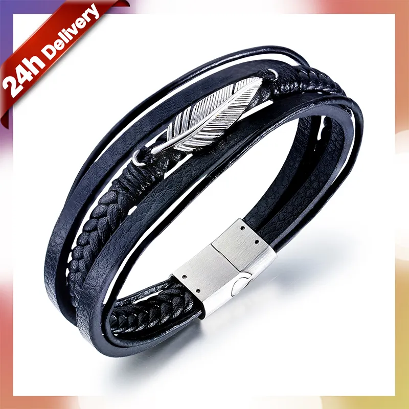 Dylam Custom Name Logo Personalize Oem Stainless Steel Leather Bangle Silver Color Hip Hop Bracelets Black Men Leaf Bracelet