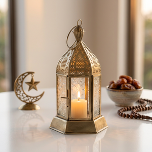 Manufacturers Ramadan Decorations Hanging <b>Mini</b> Gold Moroccan Candle <b>Lanterns</b> with Floral Glass - Product Image 1