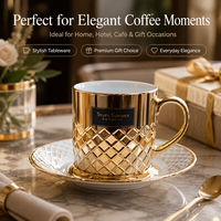 Ensemble de tasses et soucoupes à café en céramique dorée de luxe avec logo personnalisé, tasses et soucoupes à thé de l'après-midi en porcelaine personnalisées avec logo