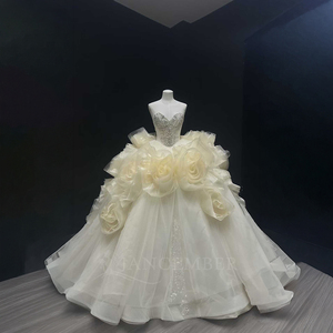 Robe de mariée de bal NT39 élégante, style vintage moderne, coupe Empire, avec appliques en dentelle et cristaux, fleurs 3D - Product Image 1