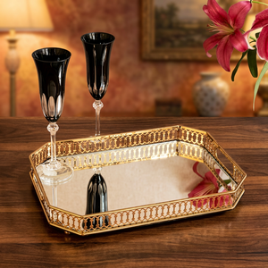 Elegant Gold <b>Mirrored</b> Serving Tray With <b>Octagonal</b> Design Polished Metal Finish Residential Use - Product Image 6