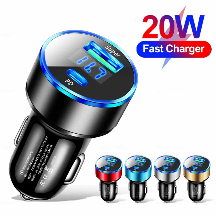 Portable 20w 2 Port Qc3.0 Pd Universal 1a 1c Digital Car Charger Adapter Fast Charging