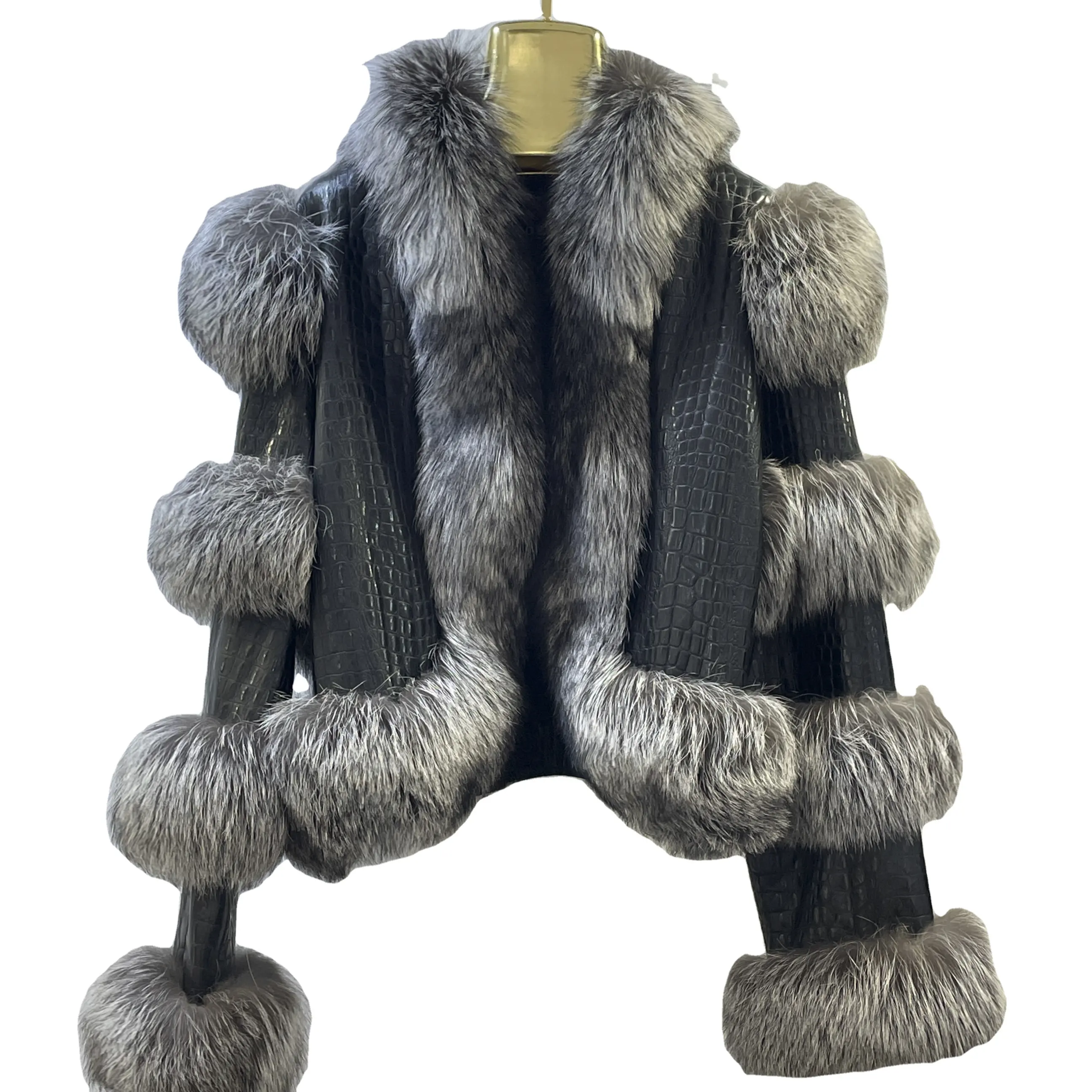 Manteau en fourrure de renard de vêtements d'extérieur de raton laveur duveteux veste en cuir de mouton de couleur de haute qualité avec bordure en fourrure
