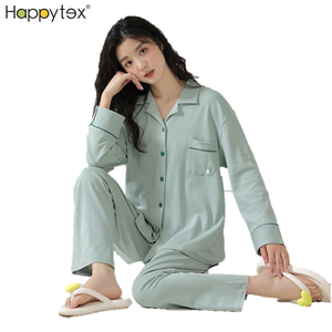 Moda piel amigable manga larga cuello en V cárdigan Pijama de algodón 2 uds conjunto Sexy ropa de dormir mujeres con bolsillo para el hogar - Product Image 1
