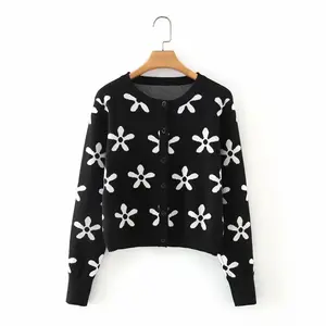 Nouvelle mode automne et hiver col rond à manches longues broderie de fleurs pull tricoté à boutons Cardigan manteau court