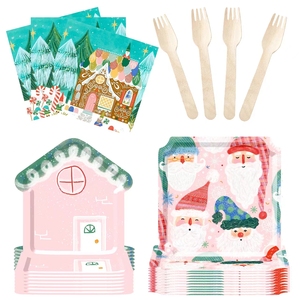 DAMAI Christmas Santa Claus Snowman Pink Disposable Paper Dinner Plates Dessert Plates and Napkins for Merry Christmas Party - Product Image 4