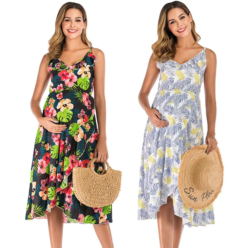 Maternity Dress Women Floral Print V-neck Slip Maxi Dresses Pregnant Casual Clothing Summer