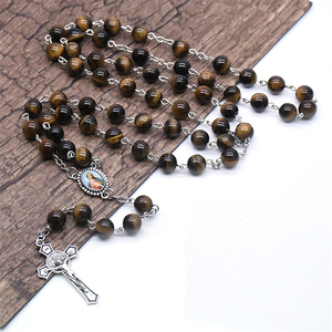<span class=keywords><strong>Collana</strong></span> di <span class=keywords><strong>rosario</strong></span> di gioielli da <span class=keywords><strong>uomo</strong></span> con croce cattolica di gioielli religiosi con catena di perle di occhio di tigre naturale - Product Image 6